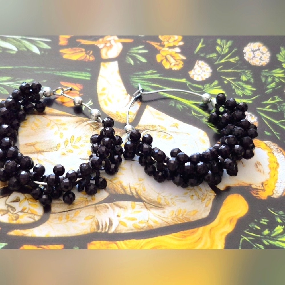 Black Beaded Hoop Earrings with Glossy Finishw